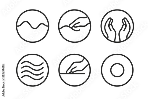 Subtle Pressure Icons. Line style round vector icons of Subtle Pressure: smooth curve, light push, soft hold, calm density,