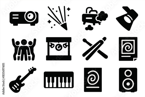 Trippy Concert Icons. Solid style icons of Trippy Concerts: Projector, Laser Beam, Smoke Machine, Dancing Crowd, Stage, Spotlight,