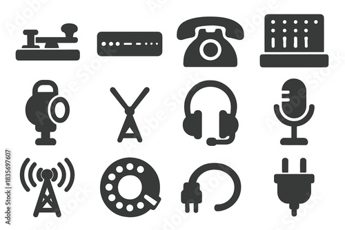 Retro Communication Icons. Solid style icons of Retro Communication: Telegraph Key, Morse Code Strip, Rotary Phone, Switchboard,