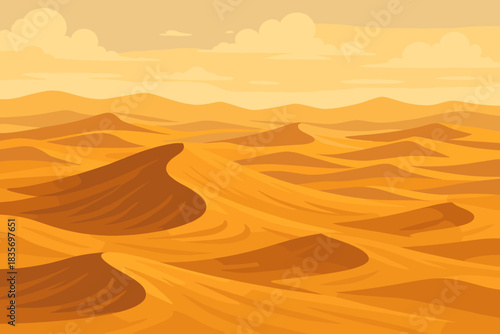 Golden Desert Dunes. Expansive desert landscape with golden sand dunes illuminated by soft golden light, serene vector