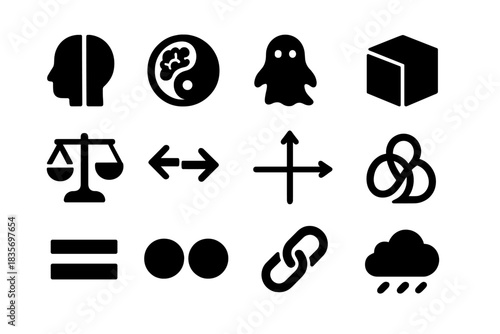 Dualism vs. Physicalism Icons. Solid style icons of dualism vs. physicalism: divided head, yin-yang brain, ghostly spirit,