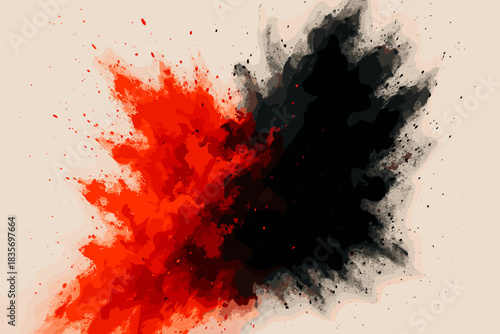 Energetic Powder Burst. Abstract splash vector illustration of vibrant red and black powder frozen in mid-air, high-speed