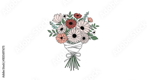 Hand-drawn illustration of a beautiful mixed flower bouquet with partial coloring tied with a simple ribbon against a white background.