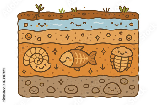 Joyful Fossil Preservation. Joyful doodle sediment burial illustration with happy fossils, cartoon layers of soil and rock,