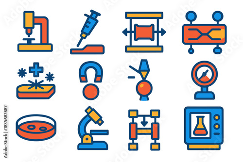 Mechanobiology Tool Icons. Flat vector icons of experimental mechanobiology tools: atomic force microscope, micropipette, stretch