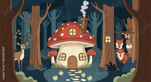 Enchanting fairytale forest scene at night with a whimsical mushroom house glowing warmly surrounded by deer foxes and fireflies.