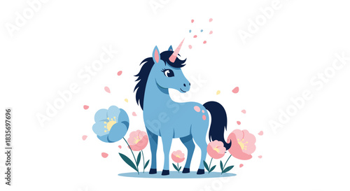 Adorable blue cartoon unicorn with a pink horn and dark mane standing gracefully among beautiful pink and blue flowers.