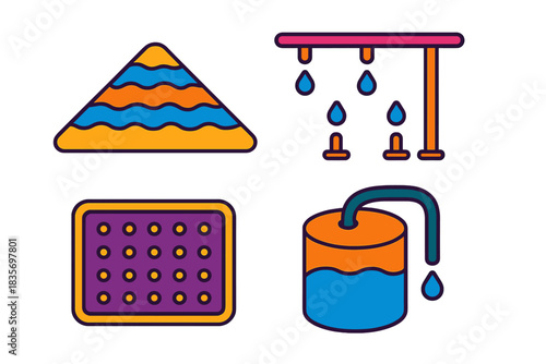 Bioleaching System Illustration. Isometric vector illustration set Heap Bioleaching System: Layered ore heap, drip irrigation