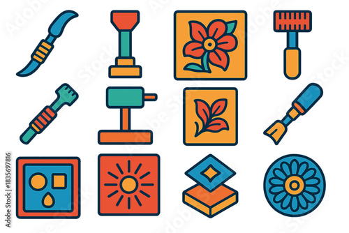 Leather Tooling Icons. Flat vector icons of leather tooling techniques: swivel knife, stamping tool, carved floral pattern,