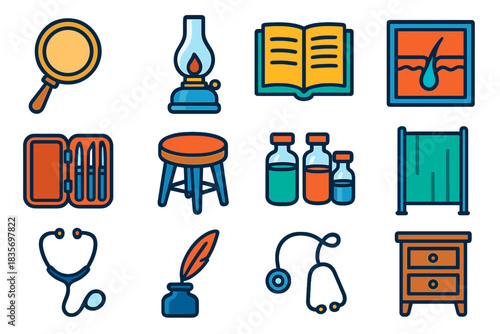 Antique Dermatology Icons. Flat vector icons of Antique Dermatology Office: brass magnifier, gas lamp, medical ledger, examination