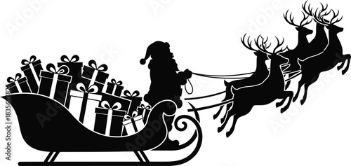 Santa Claus flying in his sleigh full of gifts pulled by reindeer