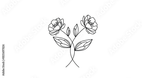 Symmetrical black line art illustration of two delicate flowers with intertwined stems creating an elegant and minimalist design.