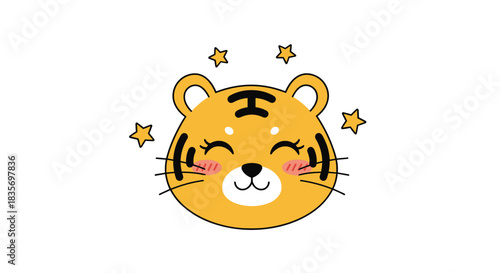 Adorable and happy cartoon tiger face with blushing cheeks and sparkling stars isolated on a clean white background for designs.