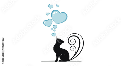 Elegant silhouette of a black cat with a beautiful ornate swirl tail blowing romantic blue heart-shaped bubbles into the air.