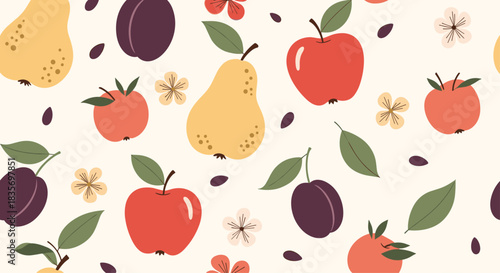 Seamless autumn fruit pattern with ripe apples yellow pears and purple plums mixed with leaves and flowers on a cream background.