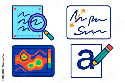 Forensic Analysis Tools. Isometric vector illustration set Forensic Writing Comparison: Sample under grid overlay, signature