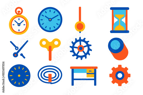 Colorful Clockmaking Icons. Flat vector icons of clockmaking and horology: pocket watch, wall clock, pendulum, hourglass, clock