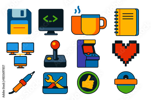 Retro Computing Icons. Flat vector icons of Retro Computing Culture: floppy disk, hacker terminal, coffee mug, notebook, LAN party