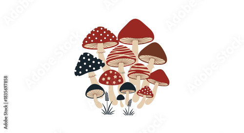 Whimsical illustration of a cluster of colorful folk art mushrooms with various patterns like polka dots and stars on a white background.