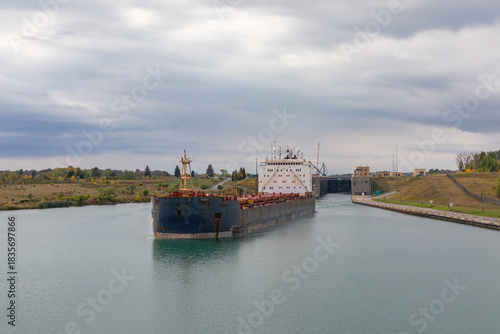 A Bulk Carrier Ship Exiting the Bertrand H. Snell Lock in Massena, New York on the St. Lawrence Seaway
