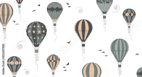 Seamless pattern with vintage-style hot air balloons and flying birds creating a dreamy and adventurous travel-themed background.