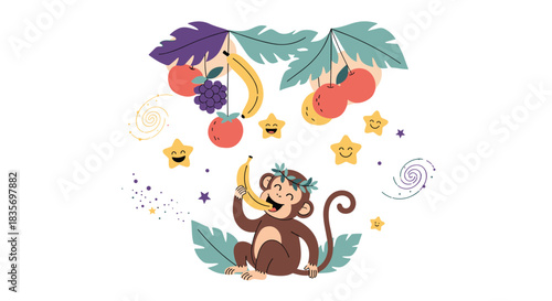 Cheerful cartoon monkey eating a banana under hanging fruits with cute smiling stars creating a fun and playful jungle scene.