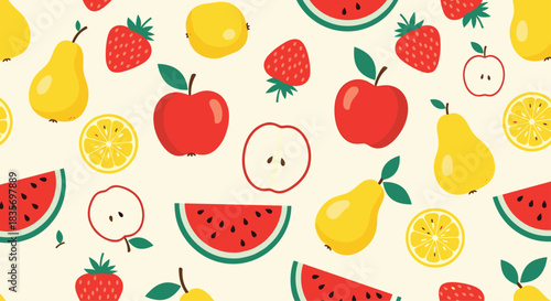 Bright and colorful seamless fruit pattern with cartoon apples pears lemons strawberries and watermelon for a fresh summer design.