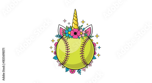 A cute and magical softball with a unicorn horn ears and a colorful flower crown surrounded by sparkles for a fantasy sport design.