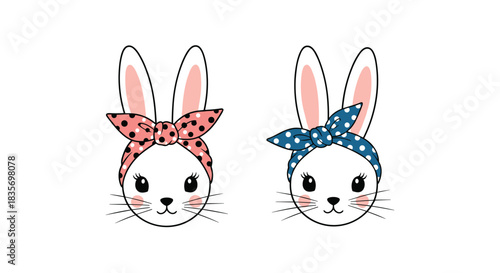 Two adorable white bunny faces wearing stylish pink and blue polka-dot bandanas isolated on a clean white background design.