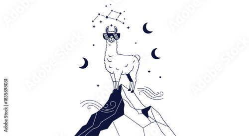 A cool llama wearing sunglasses stands on a mountain peak under a starry sky with constellations and moon phases in line art.