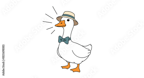 A charming and dapper cartoon goose wearing a straw boater hat and a blue bow tie honking on a white background design.