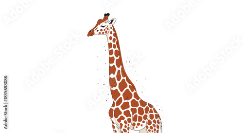 A graceful and elegant illustration of a tall giraffe with its eyes closed standing peacefully on a clean white background.