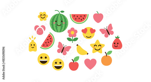 A cute and cheerful collection of summer-themed emojis and icons including fruits smiley faces hearts and butterflies on white.