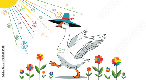 A whimsical cartoon goose wearing a hat and happily strolling through a field of colorful flowers under a bright stylized sun.