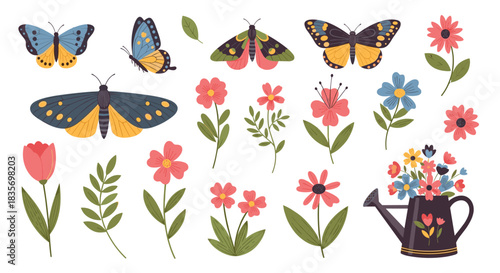 Delightful collection of butterflies moths and various charming flowers arranged beautifully for a natural spring theme.