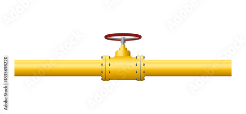 Yellow industrial pipeline with a round valve in the center without background.