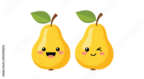 Adorable pair of kawaii pears with cheerful expressions featuring one happy and one winking face on a white background.