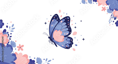 Stunning blue butterfly with delicate wings fluttering amidst a beautiful arrangement of pink and blue flowers and sparkling elements.