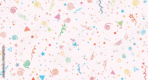 Lively seamless pattern bursting with colorful confetti stars and playful swirls creating a cheerful and festive background.
