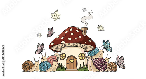 Whimsical mushroom house nestled among happy smiling snails and colorful butterflies creating an enchanting fantasy scene.