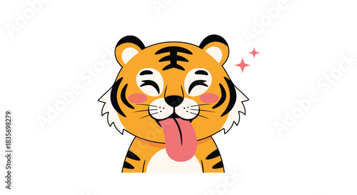 Adorable tiger cub cartoon illustration with bright eyes and rosy cheeks sticking out its tongue playfully.