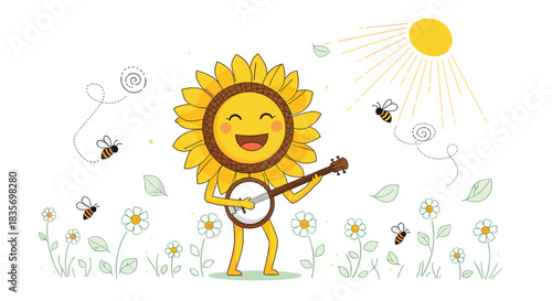 Cheerful sunflower character playing a banjo in a sunlit field of charming flowers accompanied by buzzing bees.