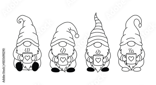 Adorable line art gnomes holding steaming mugs adorned with hearts creating a charming and cozy illustration.