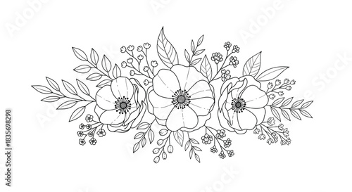 Beautiful line art floral bouquet featuring delicate flowers leaves and berries arranged elegantly as a decorative element.