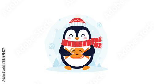 Adorable penguin character bundled in a red winter hat and striped scarf happily holding a sweet wrapped candy.