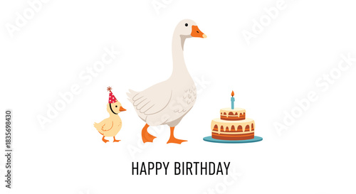 Delightful happy birthday illustration featuring a cheerful goose and an adorable chick standing next to a festive cake.