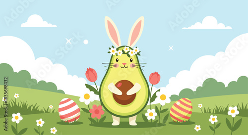 Cheerful avocado bunny wearing a flower crown holds a tulip in a vibrant spring meadow surrounded by colorful Easter eggs.