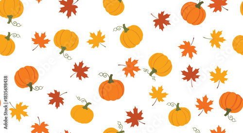 Festive seamless pattern featuring colorful pumpkins and vibrant maple leaves perfectly capturing the essence of autumn.