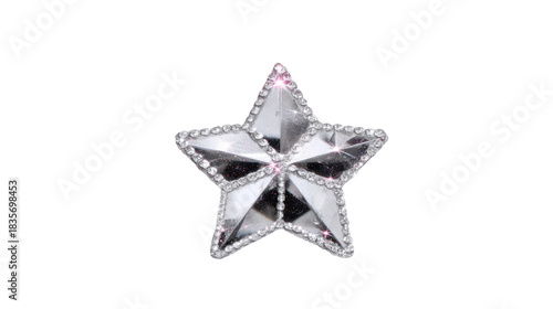 Shiny silver star ornament with reflective surface and sparkling rhinestone border, isolated on transparent background, perfect for festive decoration, celebration, or holiday design projects