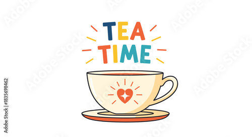 Cozy tea time illustration featuring a charming teacup with a heart design and vibrant 'Tea Time' typography.